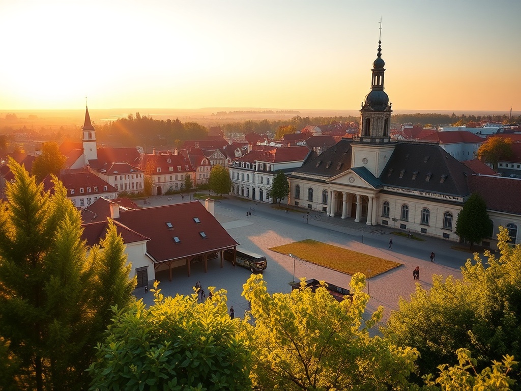 Majówka w Tomaszowie Lubelskim – zielone tereny i zabytkowa architektura miasta na tle wiosennego krajobrazu.